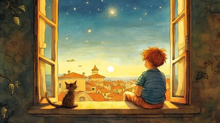 Two red-haired friends - a boy and a cat - are sitting on the windowsill near the open window. Naive art style storybook illustration