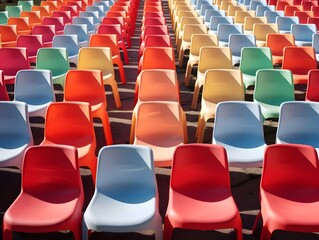 Fototapeta premium Stille Kontraste: Leere Stühle in leuchtenden Farben