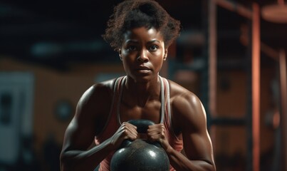 A strong determined African American black woman training and exercising in a gym