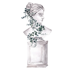 Watercolor composition with antique statue, vase and wild garde greenery branch, leaves and flowers, isolated on white background
