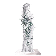 Watercolor composition with antique statue, vase and wild garde greenery branch, leaves and flowers, isolated on white background