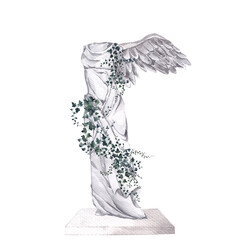 Watercolor composition with antique statue, vase and wild garde greenery branch, leaves and flowers, isolated on white background