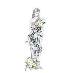 Watercolor composition with antique statue, vase and wild garde greenery branch, leaves and flowers, isolated on white background © марина васильева
