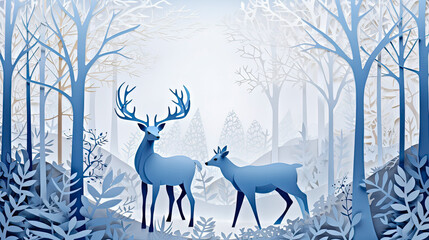 Deer in winter forest,paper cut,  illustration winter generative ai