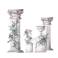 Watercolor composition with antique statue, vase and wild garde greenery branch, leaves and flowers, isolated on white background © марина васильева