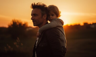 Daddy carrying son on his back at the sunset
