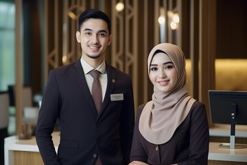male and female muslim receptionist smile wearing batik