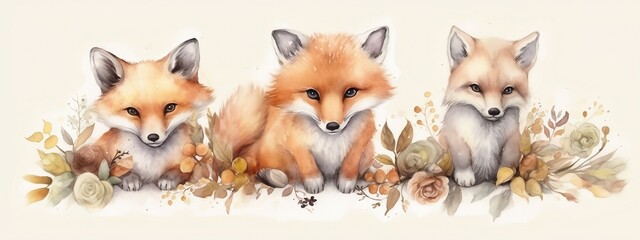 Fototapeta premium Baby foxes watercolor illustration. Generative AI