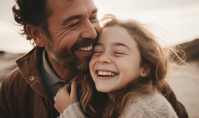 Happy family daughter hugging dad and laughs on holiday - obrazy, fototapety, plakaty