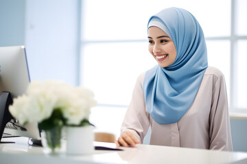 muslim receptionist smile wearing hijab