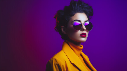 Studio portrait of cool young woman in 20s, sunglasses and short hair, fashionable, complementary yellow and purple colors, copy space 