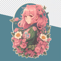 Charming Anime Girl in Pink: A Flower-Filled Vector for T-Shirt Prints and Templates