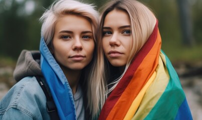 Lesbian couple hugging outdoors, LGBT rainbow flag