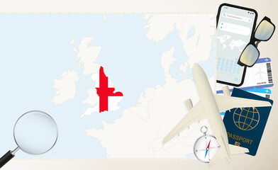 England map and flag, cargo plane on the detailed map of England with flag.
