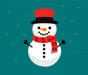 Snowman flat vector icon.Snowman with a red scarf .Cute snowman christmas character icon
