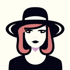 Bold Line Quirky Woman Avatar with hat on white