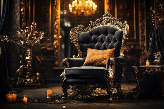 Grand luxurious gold and black chair in old castle, cobwebs and gold candles. 