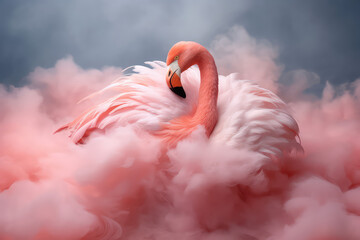 Delicate pink flamingo surrounded by light pastel pink feathers. Creative wallpaper with pink flamingo.  - obrazy, fototapety, plakaty