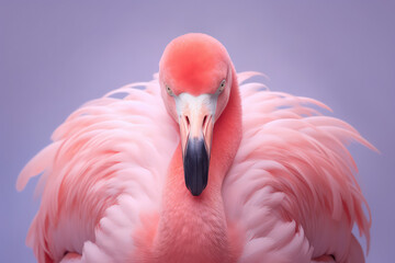 Obraz premium Delicate pink flamingo surrounded by light pastel pink feathers. Creative wallpaper with pink flamingo. 