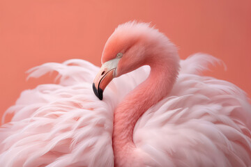 Fototapeta premium Delicate pink flamingo surrounded by light pastel pink feathers. Creative wallpaper with pink flamingo. 