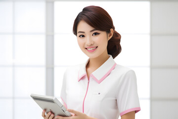 female receptionist smile in pink and white outfit