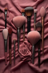 Pink bag with a bunch of cosmetic brushes, lipsticks and other makeup accessories. Makeup cosmetic set in bag. Realistic 3D illustration. Generative AI