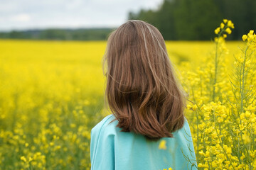 Fototapeta premium The girl looks into the yellow field