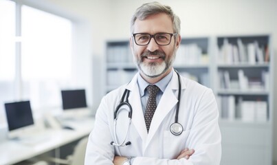 Smiling doctor standing in medical practic