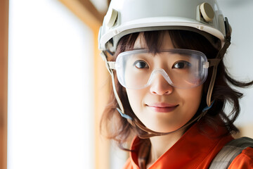 wood craft worker woman wearing safety glasses and helmet