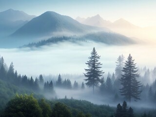 Fototapeta na wymiar Beautiful pine forest Mountain landscape with winter morning background