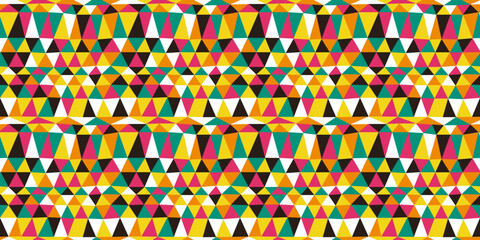 Colorful geometric triangle shape flat cartoon seamless pattern. Funny handmade patchwork quilt style background for children concept or party backdrop design.