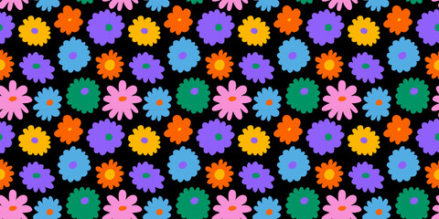 Colorful floral seamless pattern illustration. Vintage flower background art design. Retro pastel color spring artwork, groovy seventies nature backdrop with hippie flowers.