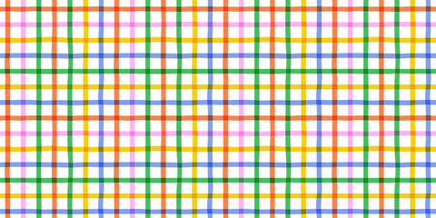 Colorful geometric square grid line seamless pattern. Retro rainbow gingham style background. Abstract tartan fabric texture illustration.