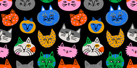 Funny cat animal cartoon seamless pattern in colorful flat illustration style. Cute kitten pet background, diverse domestic cats wallpaper.