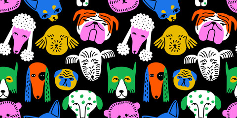 Funny dog animal face icon cartoon seamless pattern in colorful flat illustration style. Cute puppy pet head background, diverse domestic dogs breed wallpaper.
