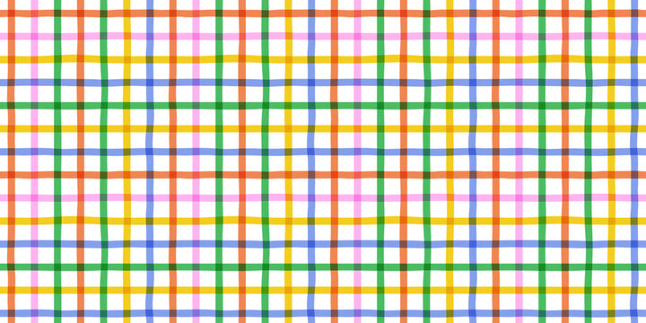 Colorful geometric square grid line seamless pattern. Retro rainbow gingham style background. Abstract tartan fabric texture illustration.