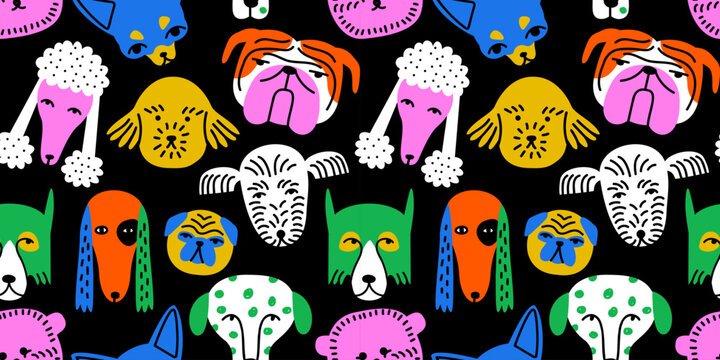 Funny dog animal face icon cartoon seamless pattern in colorful flat illustration style. Cute puppy pet head background, diverse domestic dogs breed wallpaper.