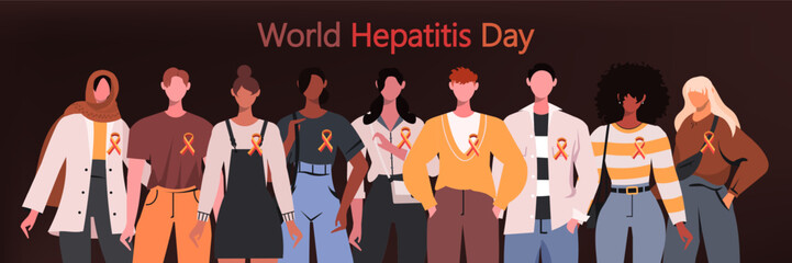  Diverse people stand side by side together with yellow and red ribbon, a symbol of global solidarity with hepatitis patients. World Hepatitis Day. Medicine and Healthcare concept. Flat vector 