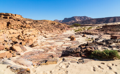 Fototapeta na wymiar Sinai desert. Yellow and orange sandstone textured carved mountain, bright blue sky. Egyptian desert landscape. Sinai peninsula, Egypt