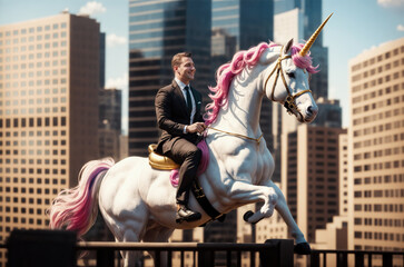 CEO Riding a Unicorn: a symbol of rare and innovative startup companies valued at over $1 billion. or describing a CEO with wide range of qualifications. investment & venture capital industry theme. 