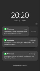 Mobile phone with push notifications or sms messages smartphone, mobile phone with updated check marks, bubbles, on dark background. Vector flat cartoon idea of digital full or accepted notifications.