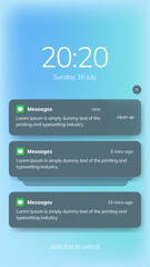 Push notification message on mobile phone on light background, smartphone mobile phone sms popup with updated check mark.