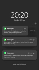 Notification screen UI design. Phone notification windows template on a dark background. Smartphone messaging interface. Vector illustration. Smartphone. Vector illustration.
