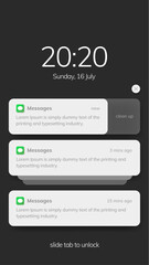 Mobile phone with push notifications or sms messages smartphone, mobile phone with updated check marks, bubbles, on dark background. 