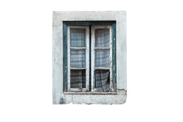 traditional weather damaged window with broken glass , europe, isolated, transparent background, png