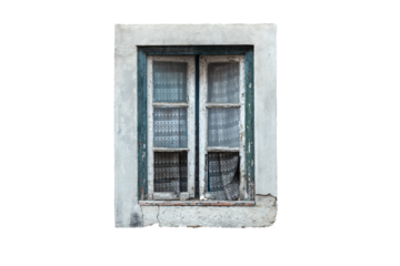 traditional weather damaged window with broken glass , europe, isolated, transparent background, png