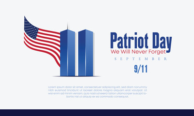 Remembering September 9 11. Patriot Day. September 11. Never Forget USA 9/11. Twin Towers On American Flag. World Trade Center Nine Eleven. Vector Design Template With Red, White And Blue Colour