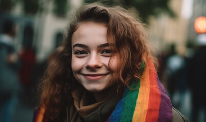 Obraz premium Young activist woman smiling and holding rainbow flag symbol of Lgbtq social movement