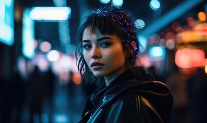 A girl with dark hair in a city with neon lights at night