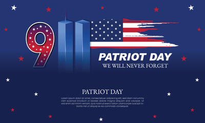 Remembering September 9 11. Patriot Day. September 11. Never Forget USA 9/11. Twin Towers On American Flag. World Trade Center Nine Eleven. Vector Design Template With Red, White And Blue Colour